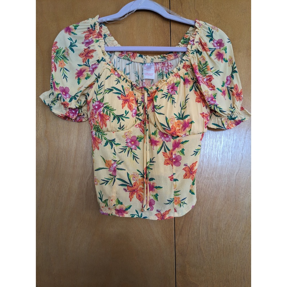 No Boundaries Yellow Tropical Floral Milkmaid Bustier Top Smocked Back Small 3-5